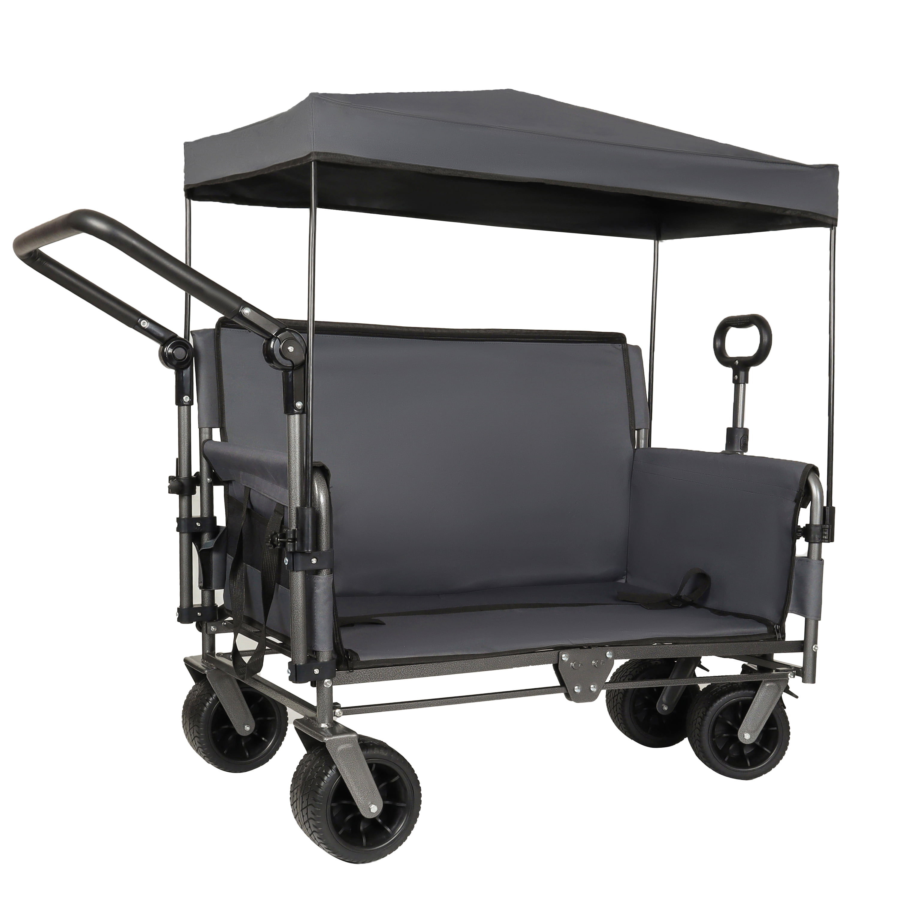 3-in-1 Folding Wagon Cart with Bench Seat & Canopy & Storage, 500lbs Heavy-Duty, 180L Capacity, All-Terrain Wagon for Camping, Beach, Sports, & Garden, Gray
