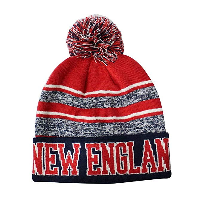 BlueRedWhite Blended Tri color Pom Beanie! Warm! New England Adult one size will easily stretch to fit most all Great Quality