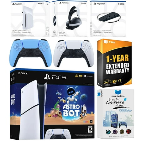 Sony PlayStation 5 Astro Bot Slim Digital Bundle with Disc Drive, Pulse Elite Headset, Extra Controller, Vertical Stand, MightySkins Voucher and 1 Year Extended Warranty - Starlight Blue