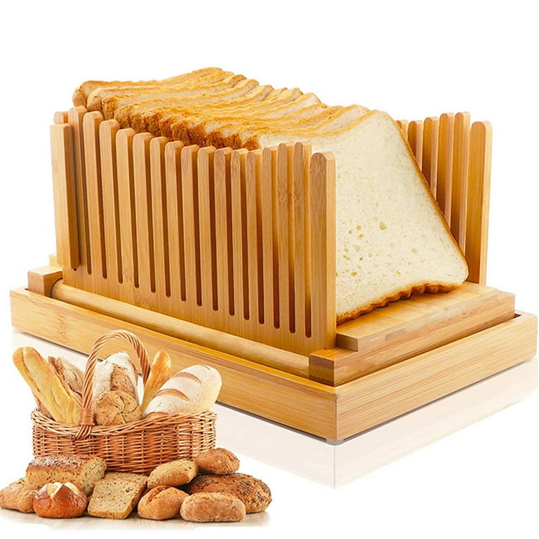 GROFRY Bread Slicer with Crumb Tray Compact Foldable Adjustable Thickness  Manual Evenly Slicing Bamboo Plug in Design Bread Slicing Guide Kitchen