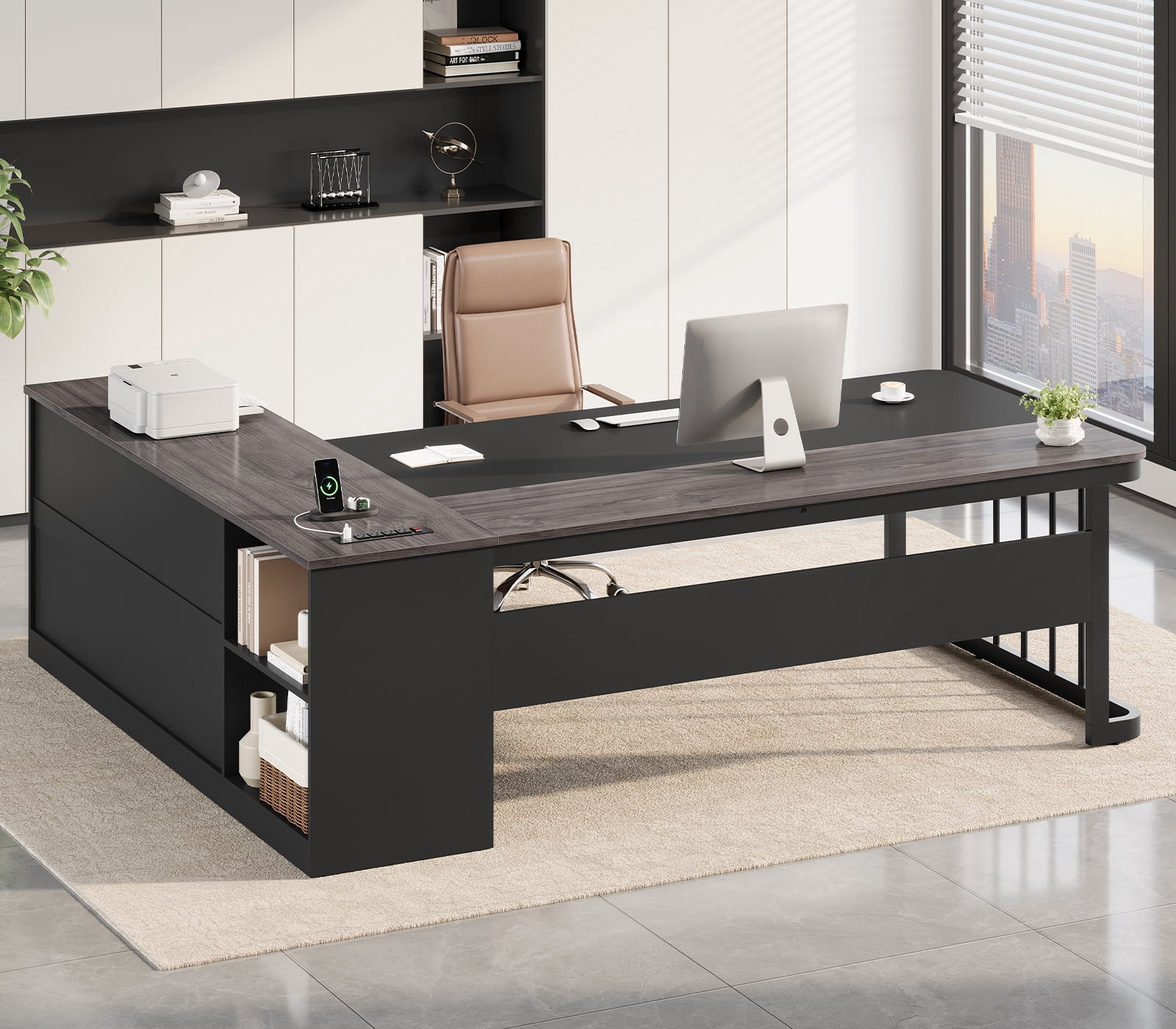 71" Executive Desk, L Shaped Computer Desk with Power Outlets, Corner Office Desk with 3 Drawers, Business Furniture Desk, Gray