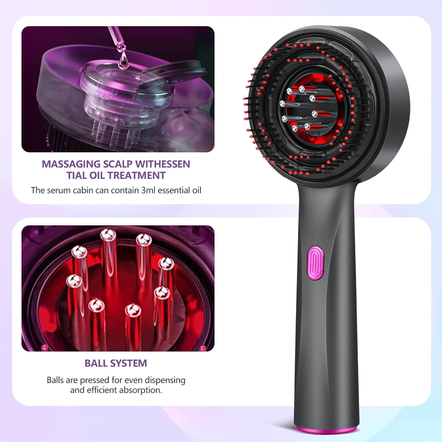 3-in-1 Scalp Massager Comb with 630nm Red Light Therapy, 72 Massage Teeth & 8 Roller Oil Balls, 6ml Serum Tank, USB-C Rechargeable, Waterproof Hair Growth Brush