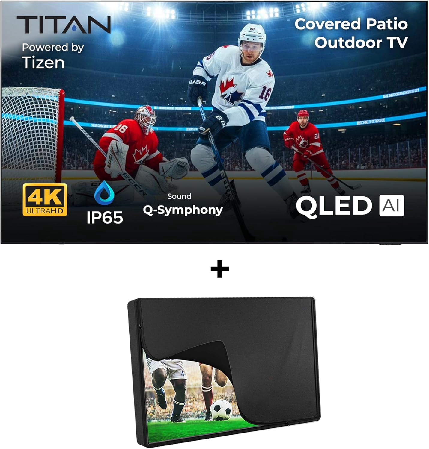 Titan S100 QLED 85 Inch Outdoor TV, Covered Patio, IP65 Smart Weatherproof TV, 4K HDR, 60 Hz, Tizen AI OS, 800 Nits, Wi-Fi 5, HDR10+, Outdoor TV Cover, Slim Bezel, 2 Yr Wty