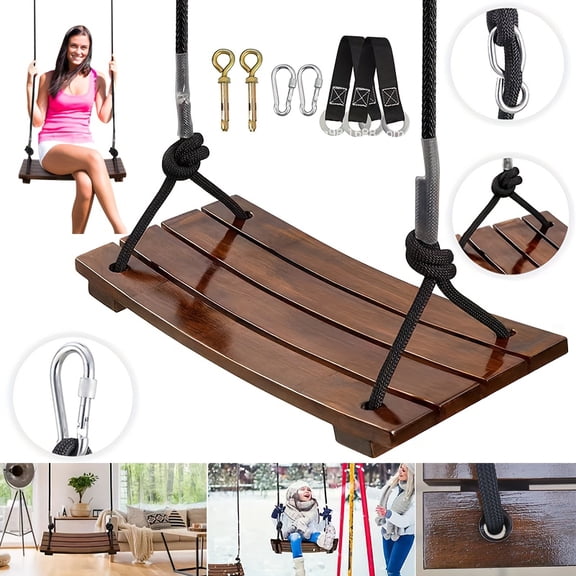 440lb Heavy-Duty Single-Seat Wooden Swing - Adjustable Rope Sturdy Base for Indoor Outdoor Use