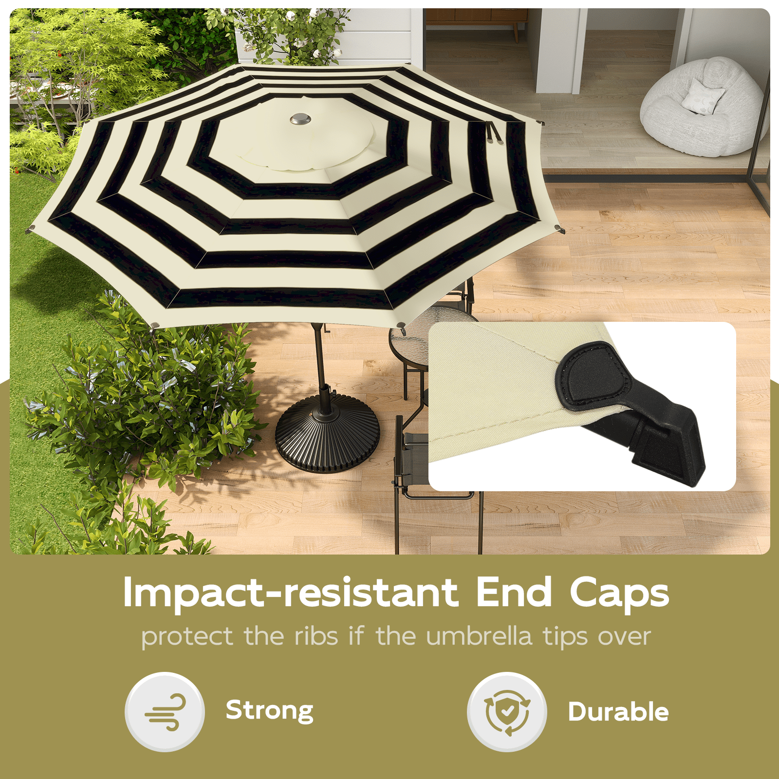 Abba Patio 9ft Outdoor Patio Umbrella, Push Button Tilt and Crank, 8 Ribs, Black & Cream Stripe