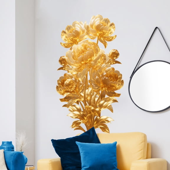 Gold Flowers Decals 17.3"x11" Floral Wall Stickers Removable Vinyl Peel and Stick for Living Room Bedroom Background Wall Art Decor