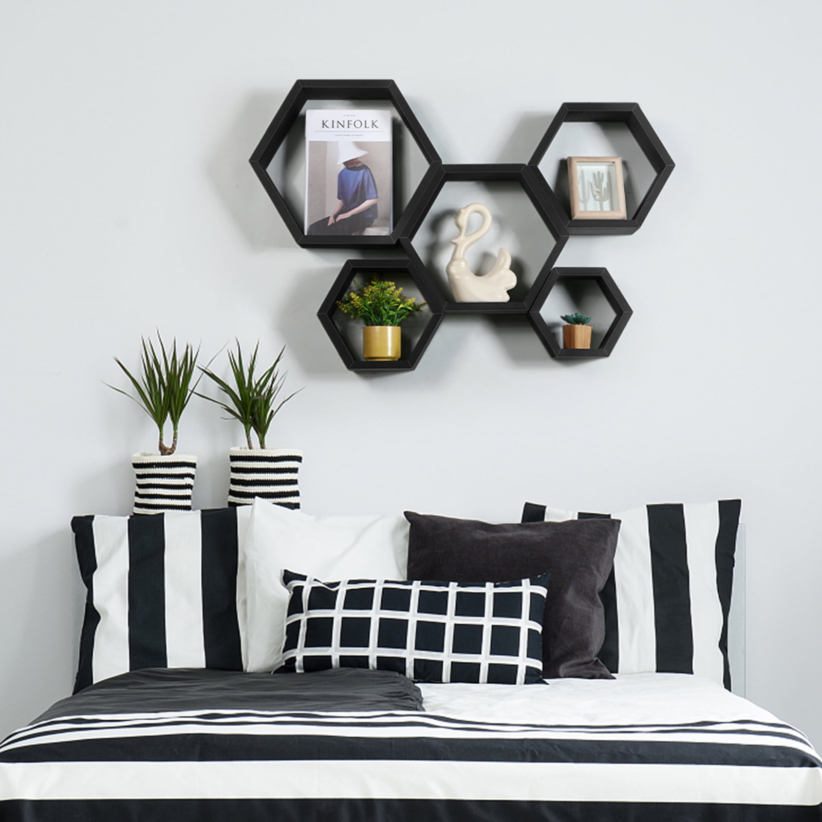 Hexagon Floating Shelves 5 Different Sizes Honeycomb Shelves for Wall, Black