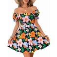 thumbnail image 2 of Women'S Floral Puff Sleeve Ruched Frill Trim Shirred A Line Boho Flared Dress Black L, 2 of 9