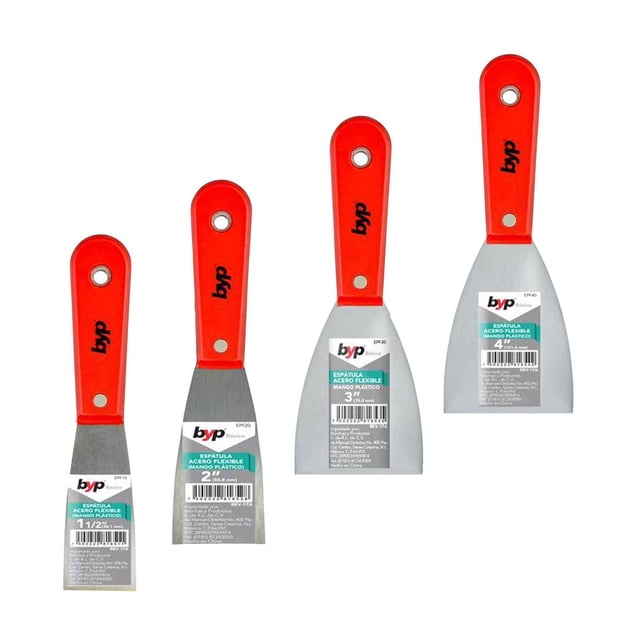 Juego De 4 Espatula Flexible Mango De Plastico Acabado Natural Ancho 1 1/2 , 2 , 3 , 4 Pulgadas BYP EPF
