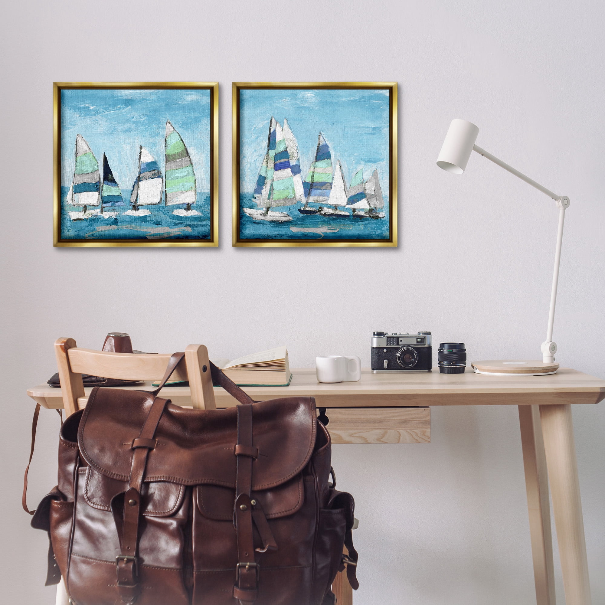 Stupell Industries Soothing Sailboats Drifting Marina Nature Painting Gold Floater Framed Canvas Art Print Wall Art, 18 x 18, Set of 2