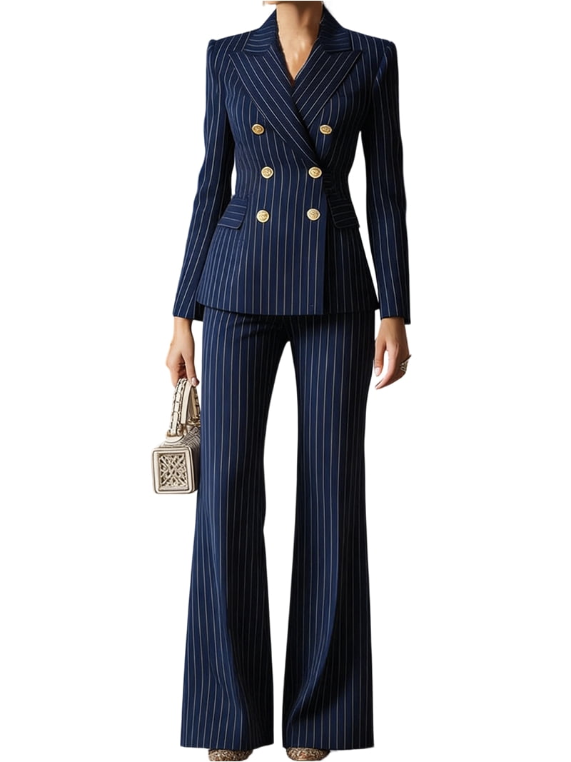 Elegant Women'S Stripe Suit with Double Breasted Buttons Jacket