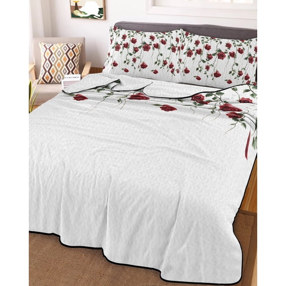 Red Roses Queen Size Down Alternative Comforter, Lightweight Comforter Quilt Bedding Set with Pillow Shams Spring Floral Summer Botanical Weeping All Seasons Bed Comforter Duvet Insert 90"x96"
