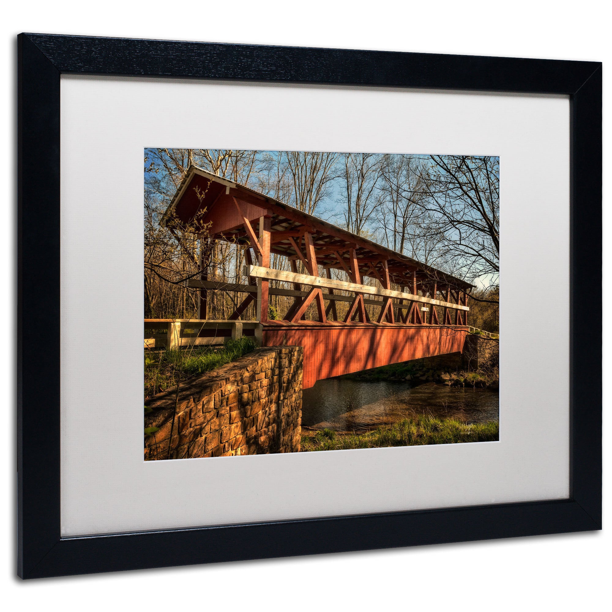 Trademark Fine Art "The Colvin Covered Bridge" Canvas Art by Lois Bryan, White Mat, Wood Frame