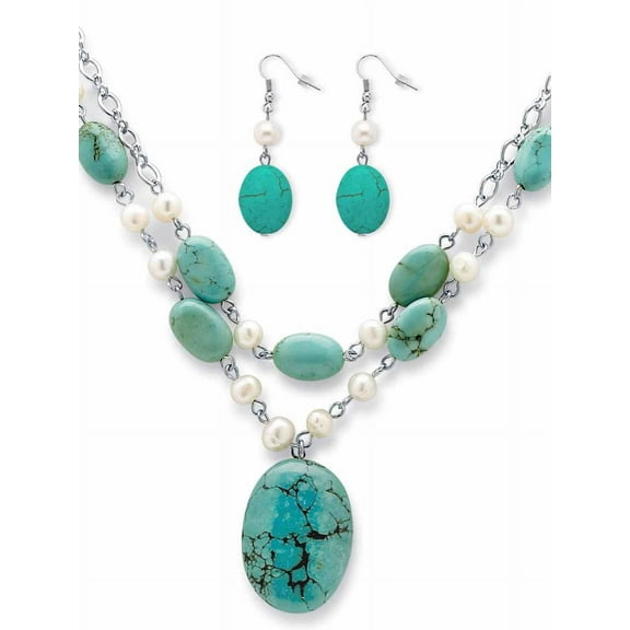 PalmBeach Jewelry Genuine Turquoise and Cultured Freshwater Pearl Silvertone Necklace and Earrings Set 17"