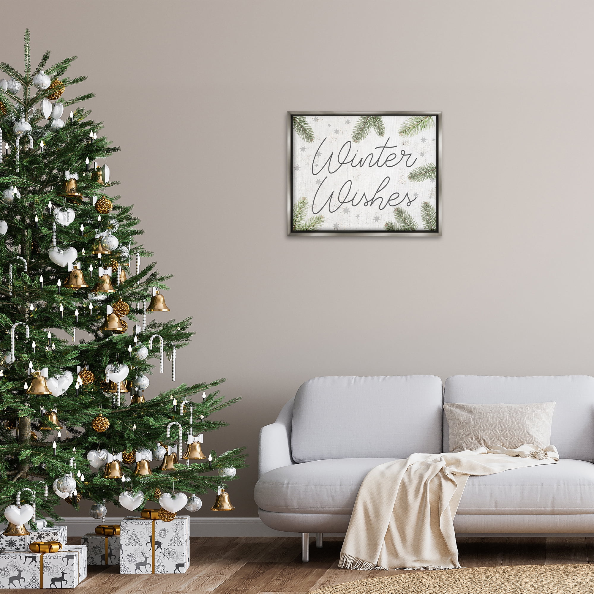 Stupell Industries Winter Wishes with Sprigs Holiday Painting Gray Floater Framed Canvas Art Prints Wall Art, 31 x 25