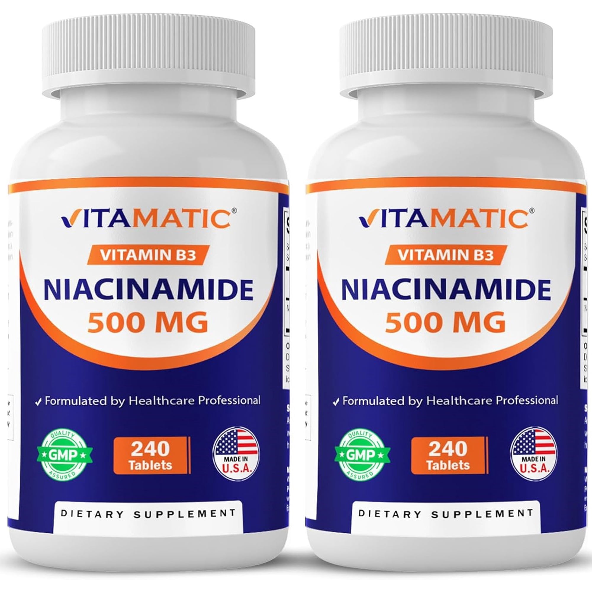 Vitamatic Niacinamide 500 mg 240 Tablets - Flush Free Vitamin B3 - Supports Energy Production- 2 Pack
