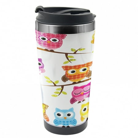 

Nursery Travel Mug Patchwork Style Owls Steel Thermal Cup 16 oz by Ambesonne