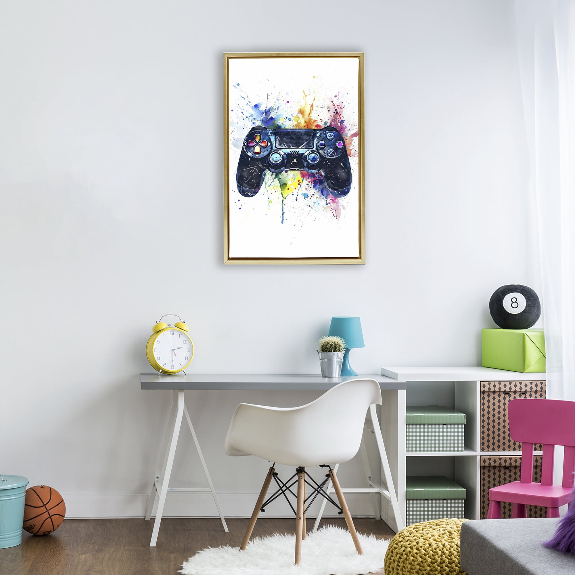 Stupell Industries Colorful Gaming Controller Splatter Gold Framed Floater Canvas Wall Art, design by Creative Studio