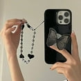 thumbnail image 6 of Glossy Black Butterfly Phone Case Compatible with iPhone 13 Pro, Korea Cute 3D Black Dream Butterfly Phone Cover with Butterfly Hold Stand Black White Heart Bead Chain for Women Girls, 6 of 12