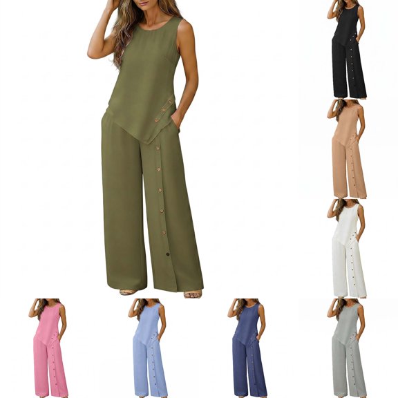 DYTTDG Women's 2-Piece Linen Blend Outfit | Sleeveless Round Neck Top & Button Detail Wide Leg Pants Set, Casual Summer Matching Set