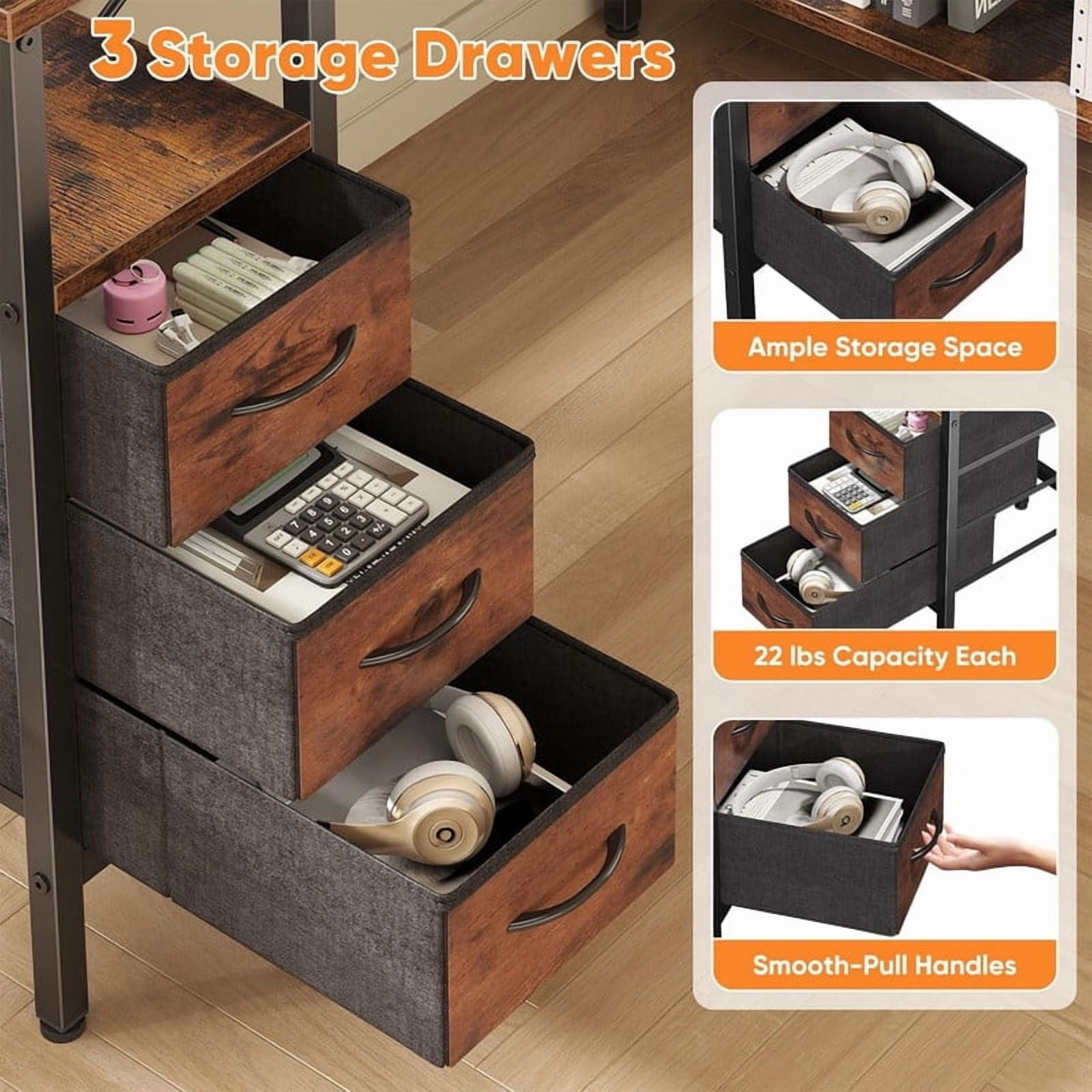 Kelno 55 Inch L Shaped Computer Desk with Power Outlets Adjustable Shelf 3 Fabric Drawer,Rustic Brown