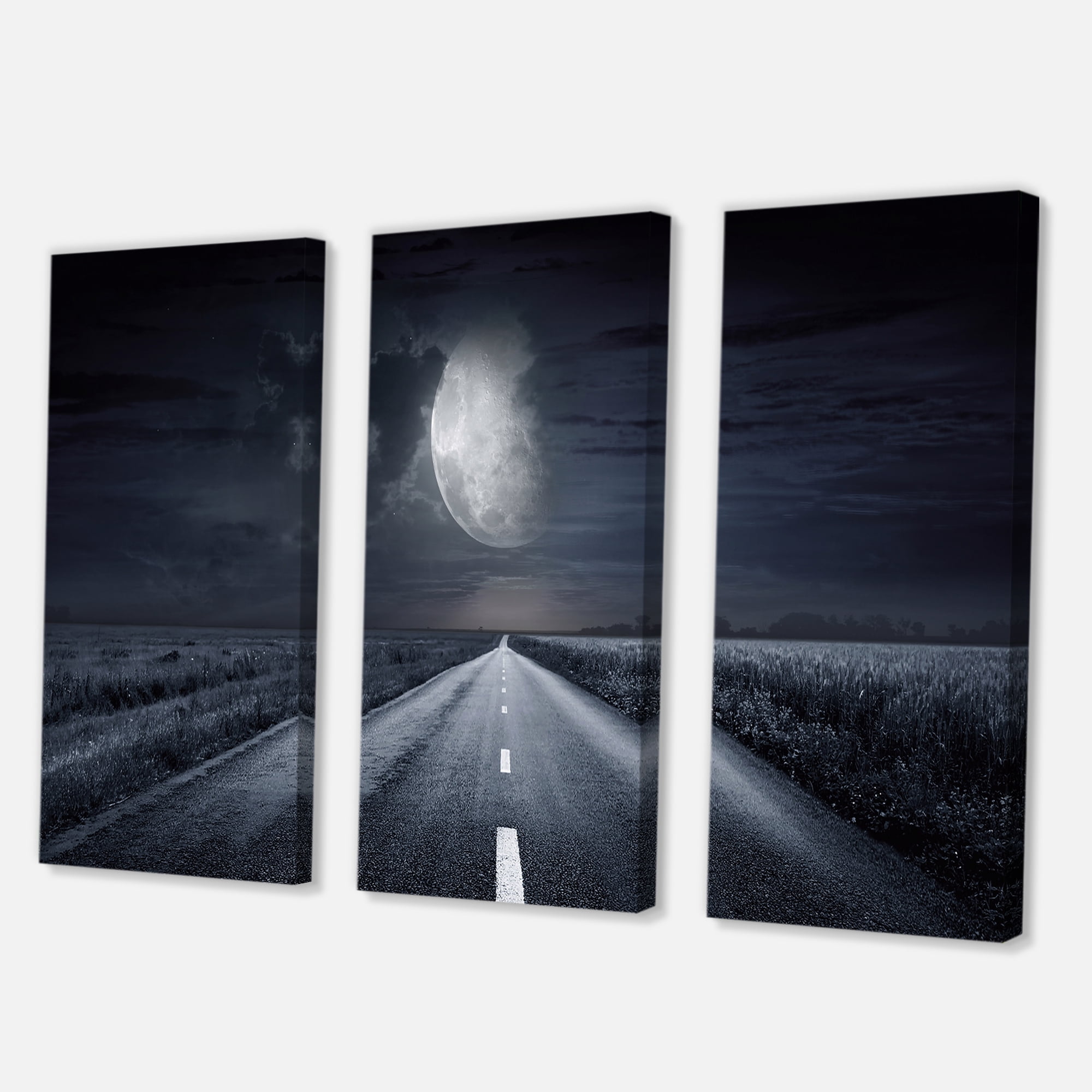 Designart ' Cloudy Full Moon Over Asphalt Road III ' Nautical & Coastal Canvas Wall Art Print