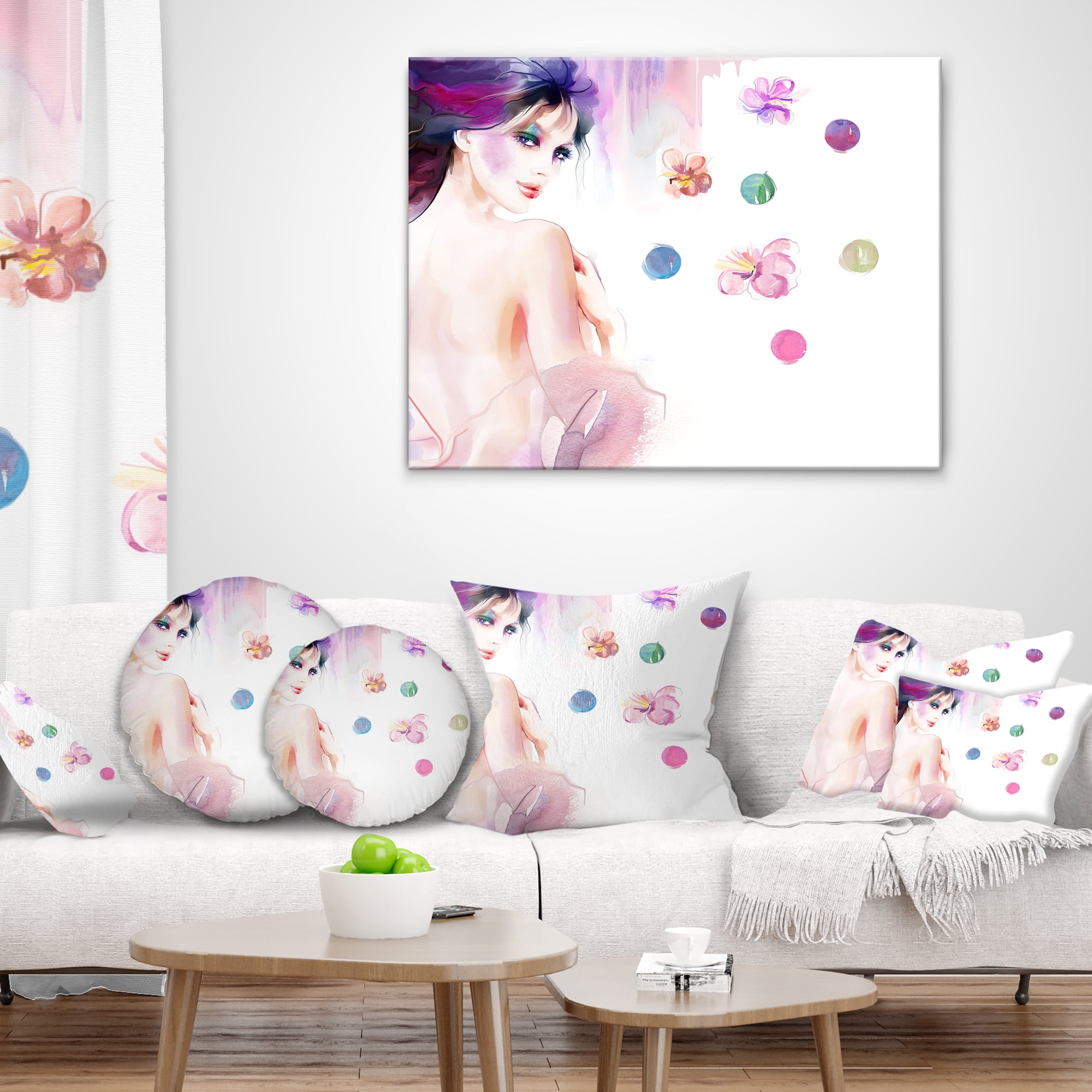 Designart Fashion Woman with Purple Shade - Watercolor Painting Throw Pillow - 16x16