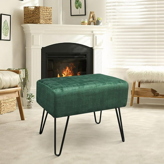 Dark Green Velvet Tufted Ottoman Entryway Bench 19.5"x12.5"x17" Comfy Furry Makeup Stool with Metal Leg Footrest Sturdy Footstool Bedroom End of Bed Living Room Couch Vanity Home Decor Outdoor