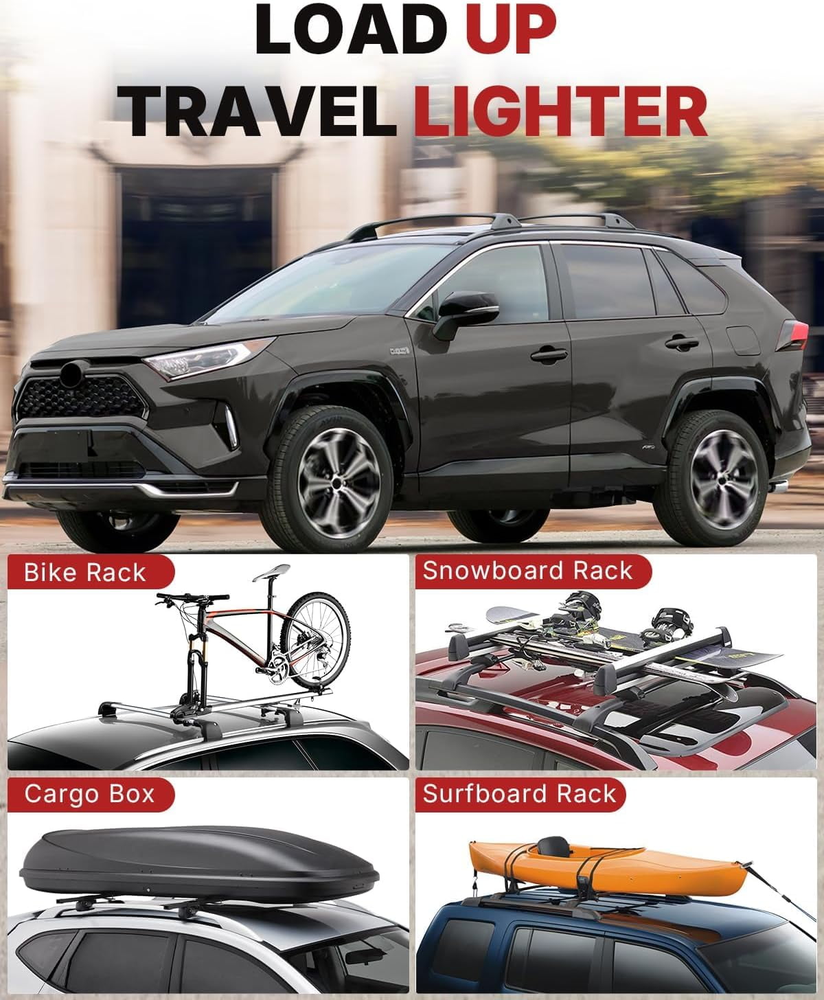 Richeer 300LBS Roof Rack Cross Bars for 2019-2025 RAV4 LE XLE XSE Premium Limited Hybrid with Side Rails, Aluminum Cargo Racks Rooftop Luggage Carrier Canoe Kayak Bicycle