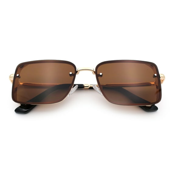 Mens Rimless Narrow Rectangle Dimensional Metal Frame Sunglasses Gold - Brown