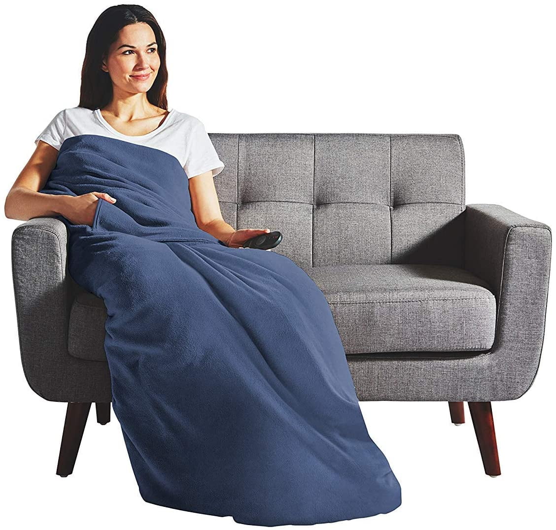Sunbeam Microplush Comfy Toes Electric Heated Throw Blanket Foot Pocket  Newport Blue