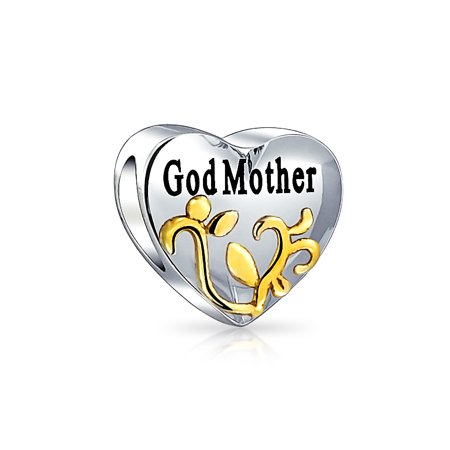 Plated Womens Charm - Heart Shape God Mother Love Family Charm Bead For Women 2 Tone 14K Gold Plated Sterling Silver Fits European Bracelet