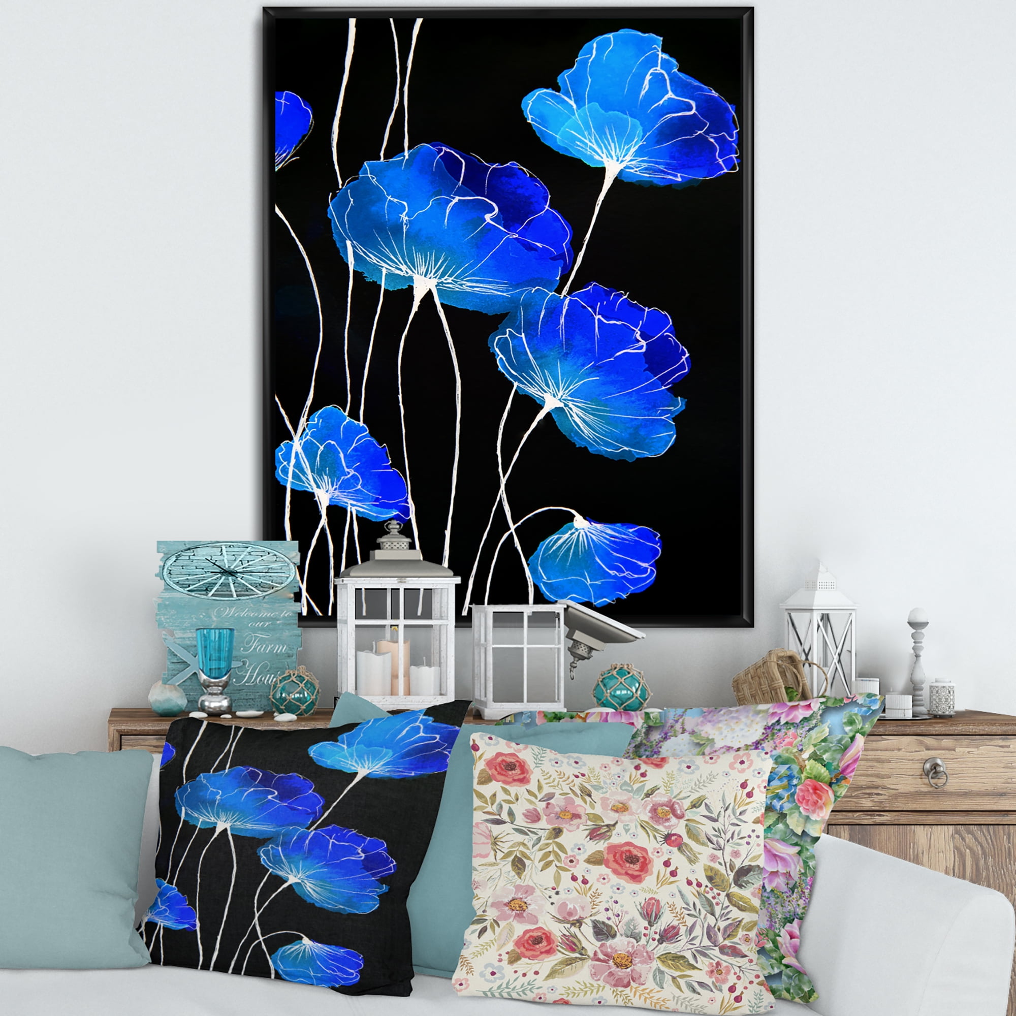 Designart 'Detail of Blue Flowers On Black Background II' Traditional Framed Canvas Wall Art Print