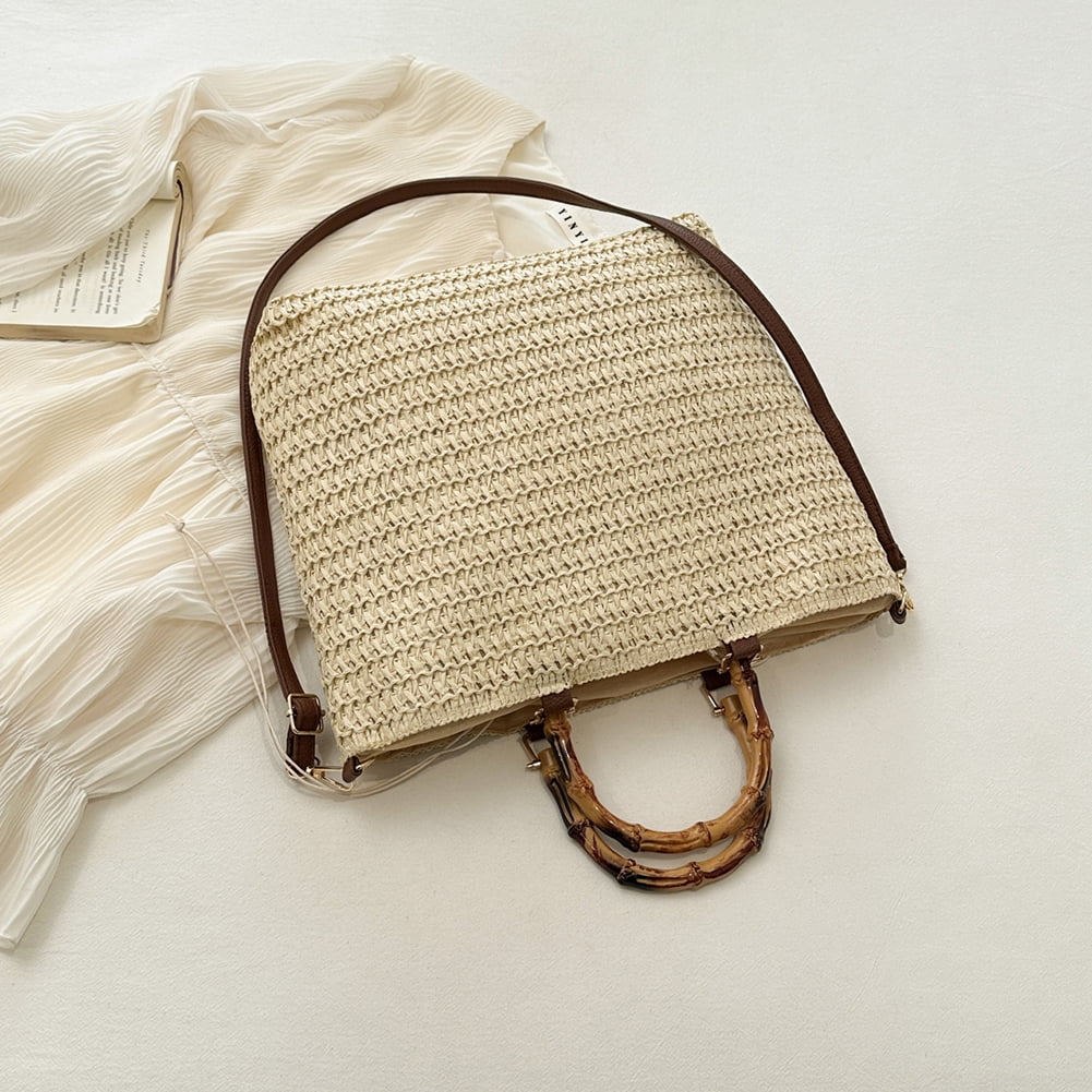 Women Straw Woven Handbag with Bamboo Handle Tote Clutch Bags for Seaside(Beige) Shoulder Bags for Women