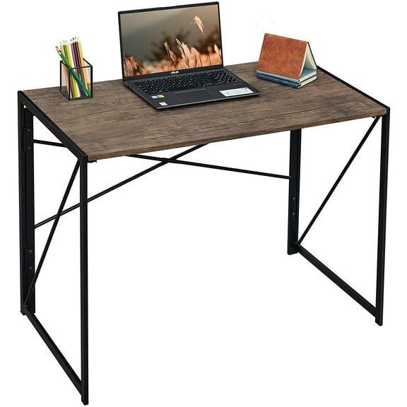 Garden Elements Modern Small Folding Computer Desk, Portable, Space-Saving Home Office Desk with Sturdy Metal Frame, Brown, 39"