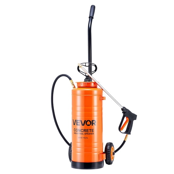 Industrial Concrete Sprayer with Wheeled Cart - 3.5 Gallon Stainless Steel Heavy Duty Sprayer, Tri-Poxy Pump, 20.5" Wand, 48" & 120" Hoses, 2 Brass Nozzles for Construction, Lawn & Garden