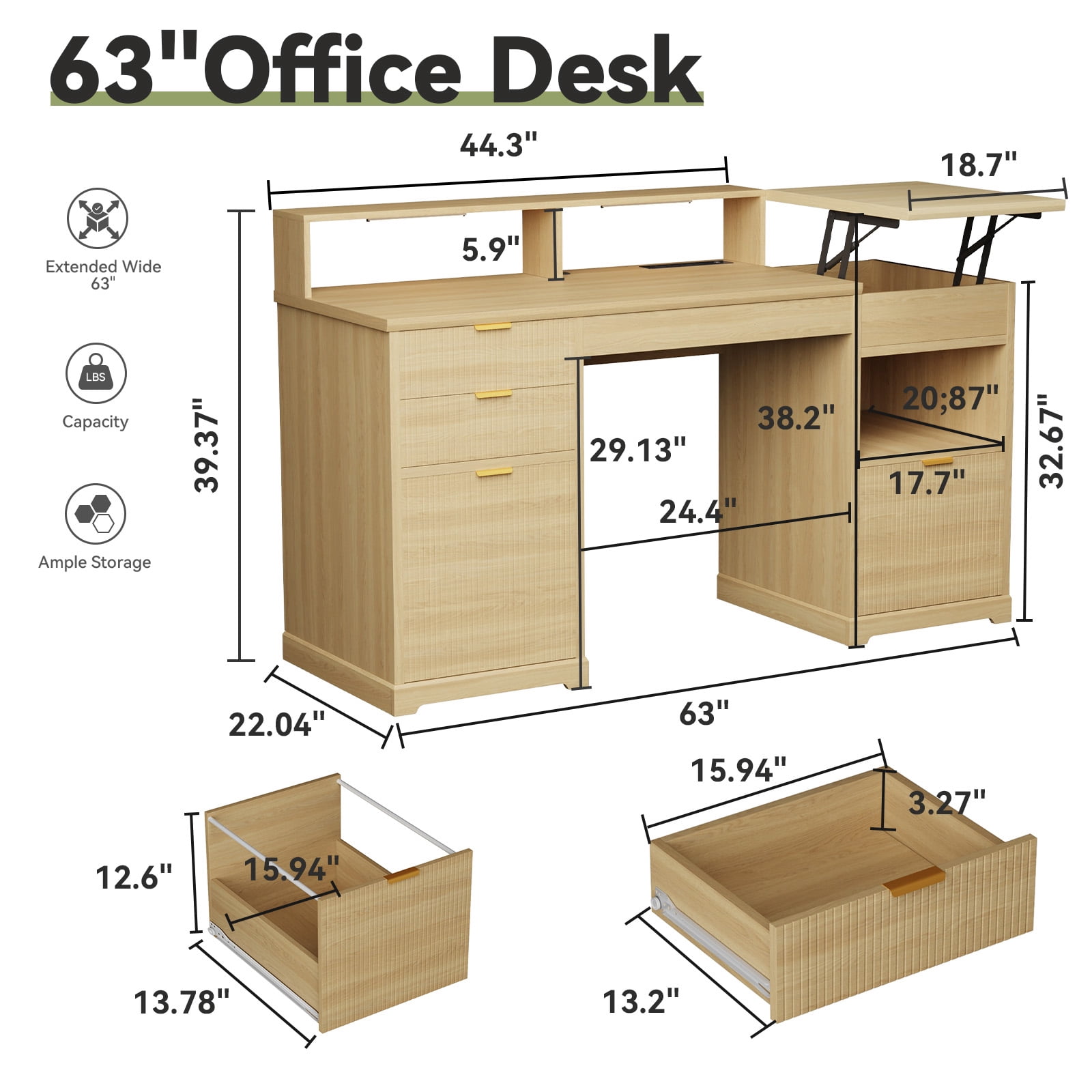 Cyehnenx Executive Desk with Lift Top, 63" Fluted Home Office Desk with LED Light, Charger, 3 File Drawers, Farmhouse Gaming Desk, Wood