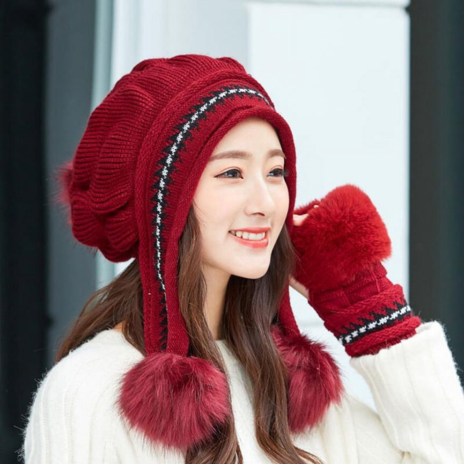 Winter Hat Gloves Set for Women Girls Warm Beanies Pompoms Winter Snow Ski Hats Knitted Caps and Gloves