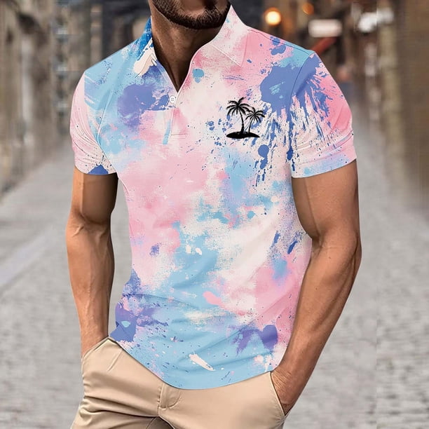 Blusa y camisa de manga corta con cuello vuelto para hombre, blusa de manga larga con solapa y botones estampados, blusa de poliéster para hombre