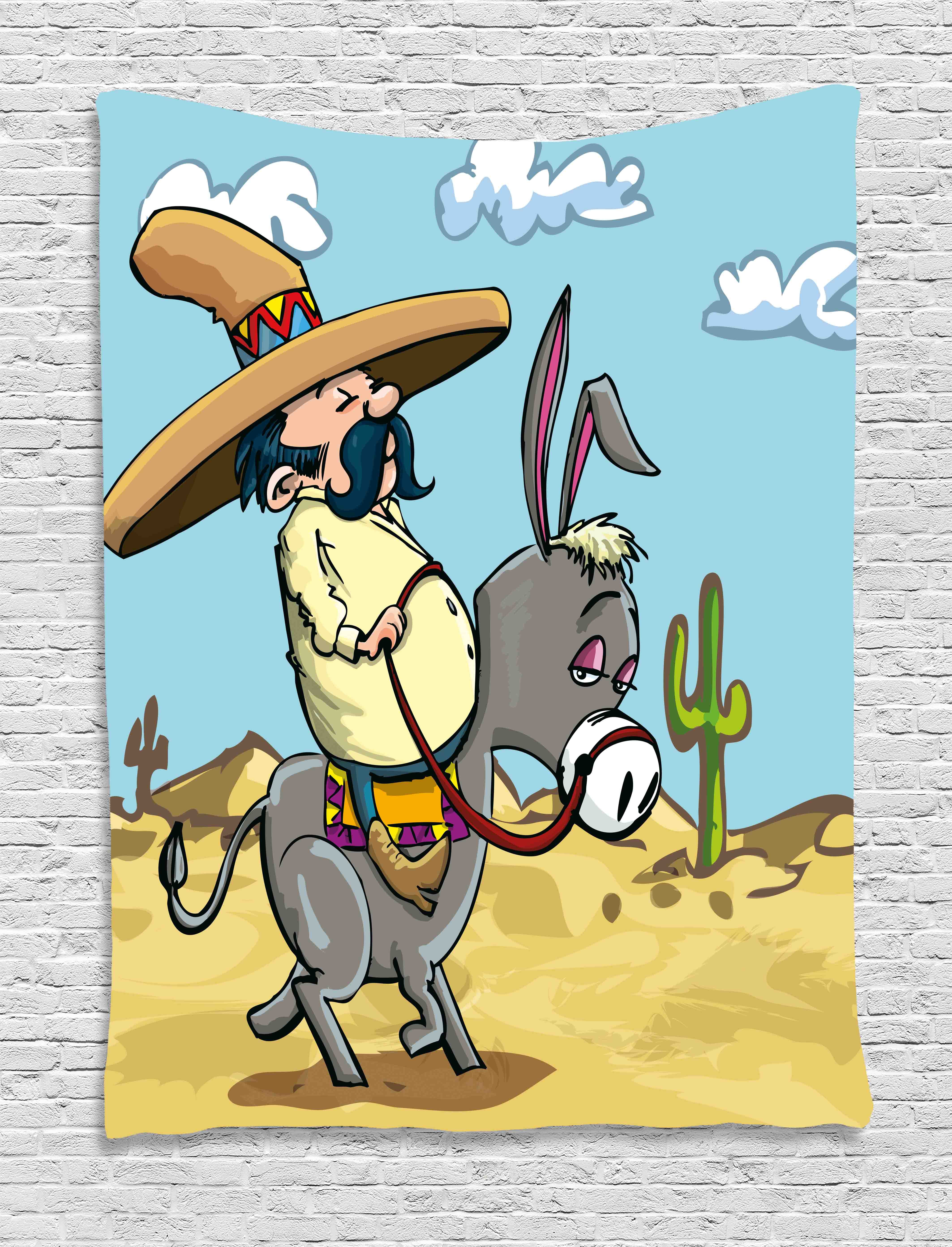 Cartoon Tapestry Mexican Man Wearing Sombrero Hat Riding A Donkey In The Desert With Cactus Plants Wall Hanging For Bedroom Living Room Dorm Decor