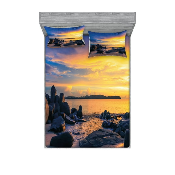 Ambesonne Tropical Fitted Sheet & Pillow Sham Set, Horizon Sky Beach View, Queen, Royal Blue Marigold