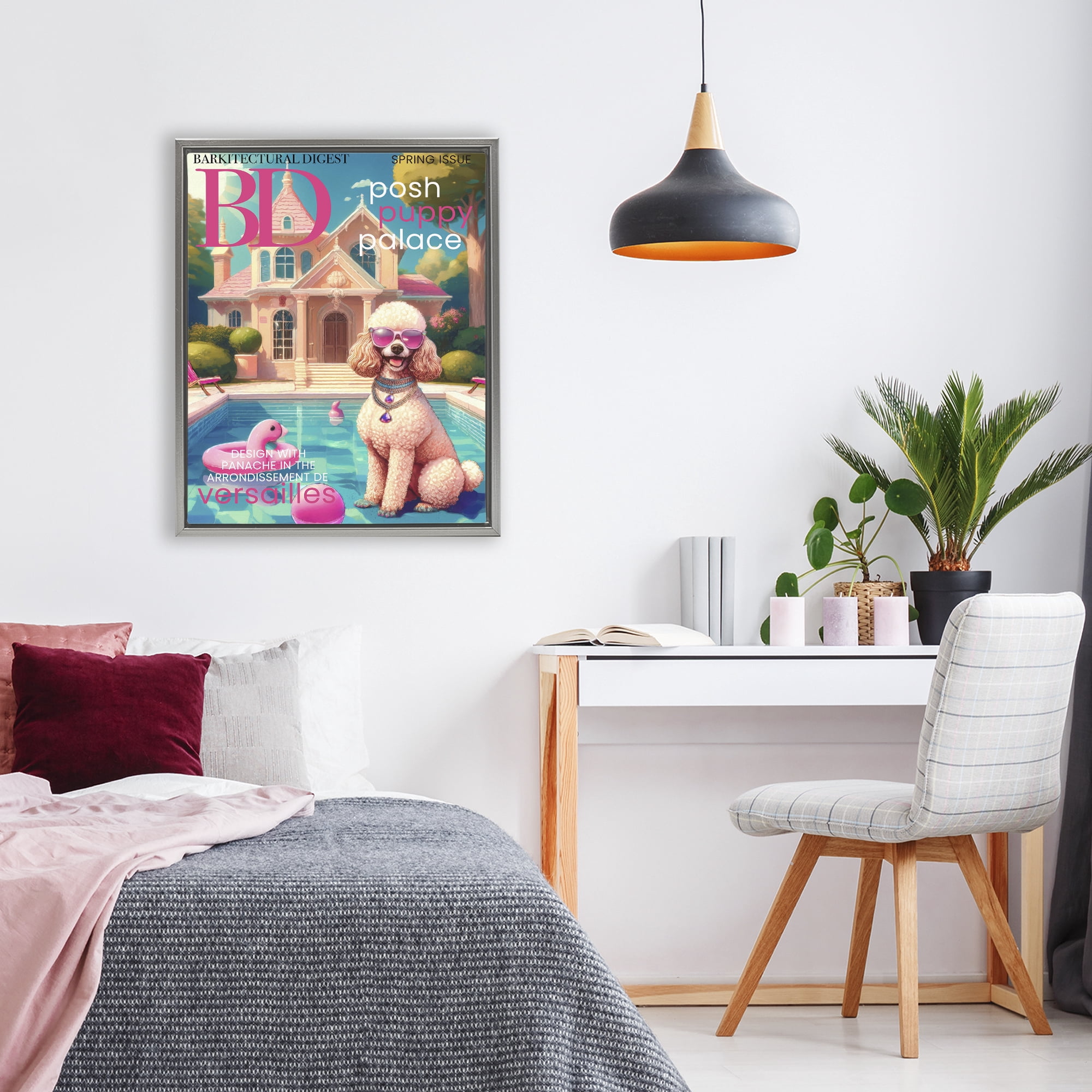 Stupell Industries Poodle Magazine Parody Gray Framed Floater Canvas Wall Art, design by Grotto Studios