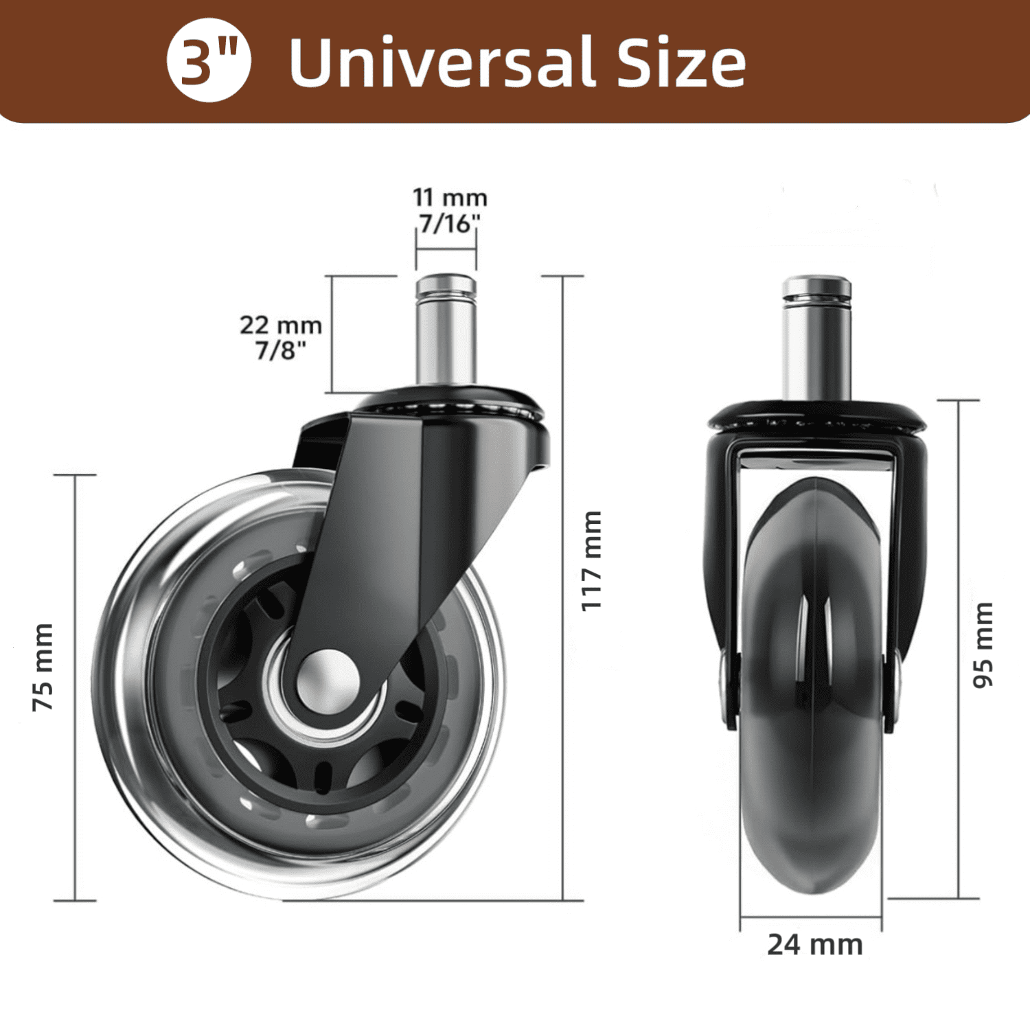 Office Chair Wheels Replacement,Rubber Wheels Universal,Fit 3" Chair Casters Incredibly Smooth & Quiet Casters Heavy Duty Chair Wheels,Fits 98% Chair,Caster Set of 5