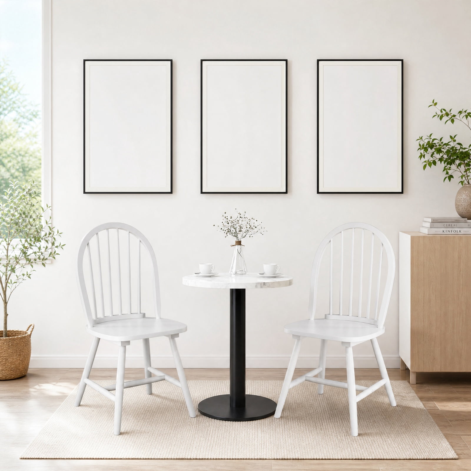 Furnibear Set of 2 Vintage Windsor Wood Chairs with High Spindle Back and Ergonomic Widened Seat for Dining Room and Kitchen, White