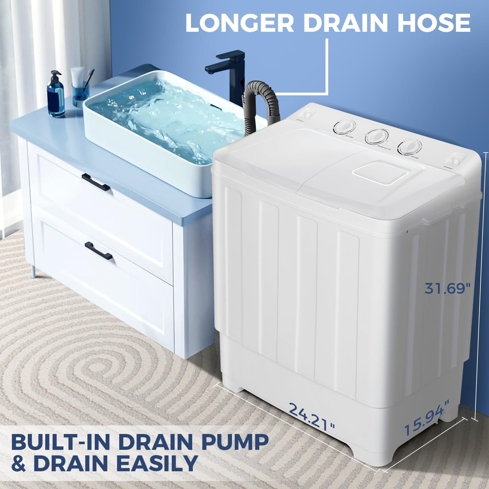 Veeboto Portable Washing Machine, 30LBS Twin Tub Mini Compact Laundry 19lbs Washer/11lbs Spinner with Drain Pump & Time Control Washer Spinner Combo, White