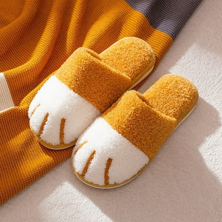 

ZHaobin Winter Warm Plush Slippers Cute Cat Paw Designer House Women Fur Slippers Floor Mute Bedroom Lovers Indoor Fluffy Shoes (Yellow 40-41(24.5-25cm))