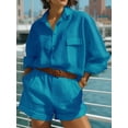 thumbnail image 4 of Jaimenalin Womens Solid Color 2 Piece Outfits Long Sleeve Lapel Button Loose Fit Top Mini Shorts Summer Set Lake Blue S, 4 of 5