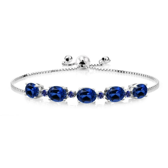 Gem Stone King 8.20 Cttw Oval Blue Created Sapphire 925 Sterling Silver Bracelet for Women | Oval 8X6MM and Round 2.5MM | Adjustable Bolo Bracelet for Women | Easy-On Easy-Off