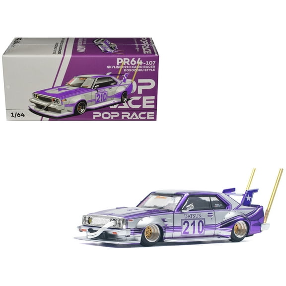 Skyline C210 Kaido Racer "Bosozoku Style" RHD (Right Hand Drive) #210 Purple and Silver 1/64 Diecast Model Car by Pop Race