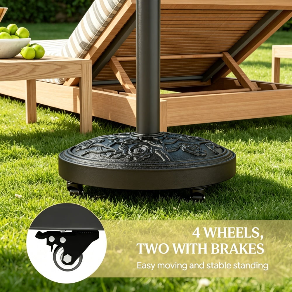 46 lbs Resin Concrete Patio Umbrella Base with Wheels Decorative Rose Pattern Umbrella Stand Fits 1.3" 1.5" 1.9" Poles for Outdoor Umbrella Up to 9.2 FT Black（Only the base）